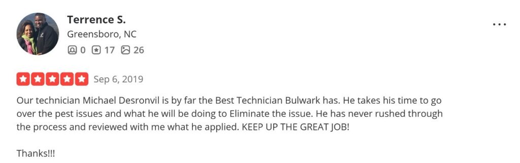 Review praising a thorough, unhurried pest control technician. 