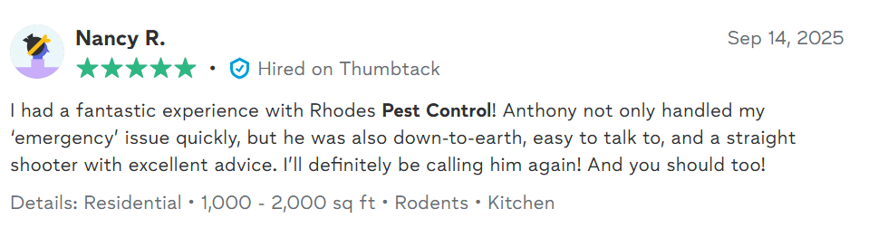 Five-star Thumbtack review praising Rhodes Pest Control for quick emergency response.