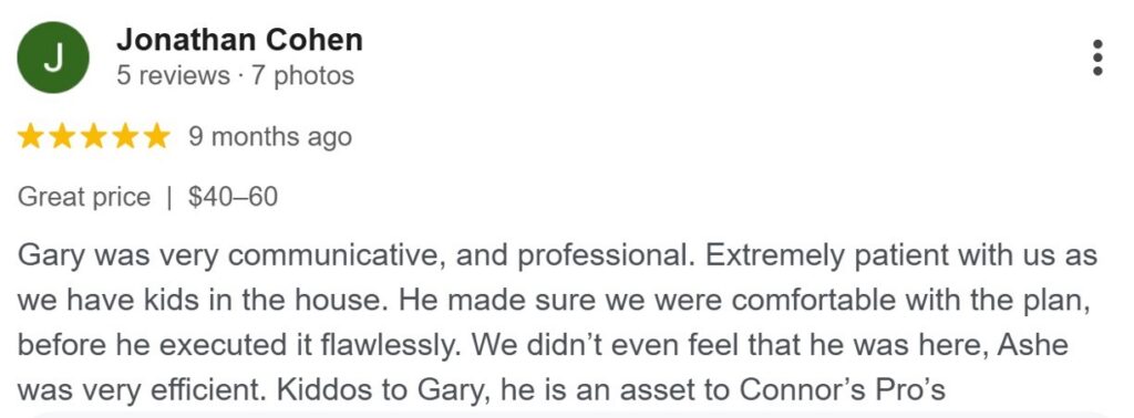 Google review highlighting careful, attentive, and family-friendly pest control service.