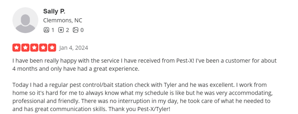 Five-star Yelp review praising Pest-X technician for professional service.