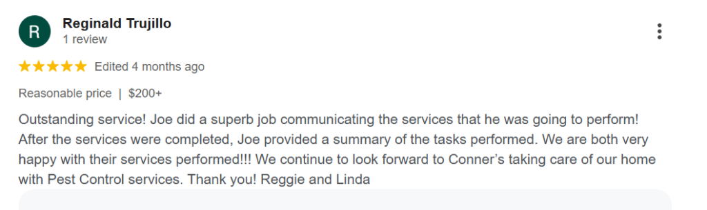 Five-star Google review praising clear communication about Connor’s Pest Pros professional services.