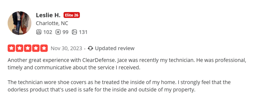 Five-star Yelp review praising professional technician communication and safe, odorless products.