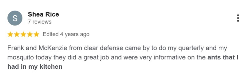 Yelp review praising ClearDefense Pest Control for handling their consistent service.