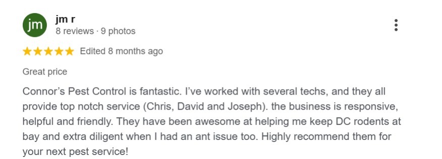 Five-star Google review praising Connor's Pest Pros for diligent ant control and overall pest service. 