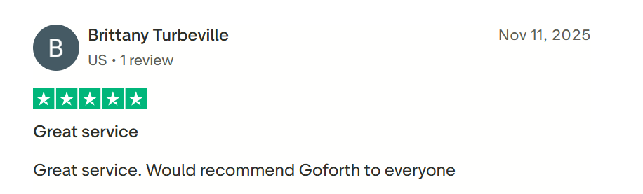 Five-star Trustpilot review praising Go-Forth Home Services for great service.