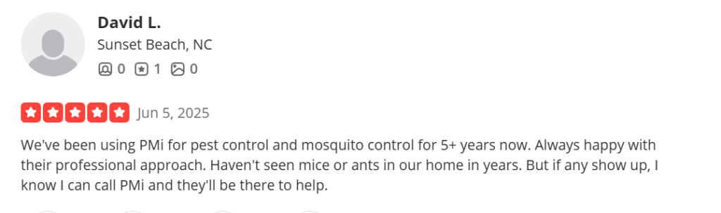Five-star review praising Pest Management Systems for five-plus years of reliable pest control service.