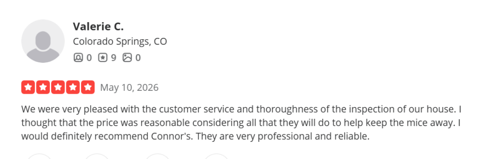Five-star Yelp review praising Connor's Pest Pros for thorough inspection, reasonable pricing, and professional rodent control service.