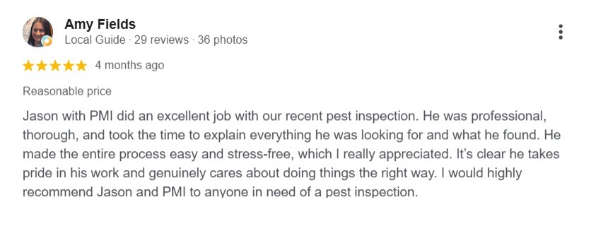 Google review from Amy Fields praising PMi technician Jason for a thorough and professional pest inspection.
