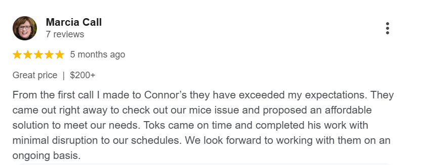 A 5-star Google review praising Connor's Pest Pros for quick response and professional service.