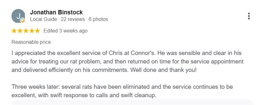 Five-star Google review from Jonathan Binstock praising Connor's Pest Pros for efficient rat control service.