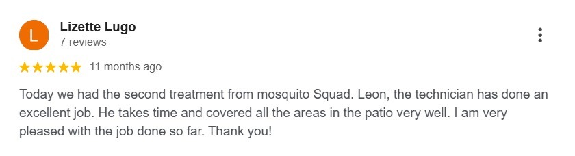 Customer review of Mosquito Squad of the Triad after a second mosquito treatment service. 