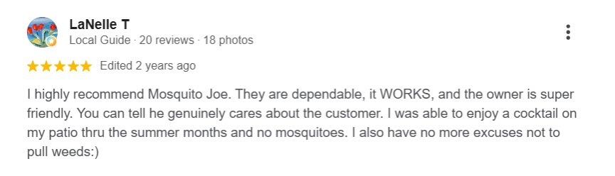 Google review praising Mosquito Joe of Greensboro West for dependable service.