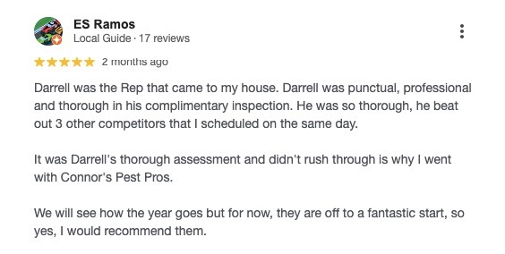 Screenshot of a customer’s review for Connor’s Pest Pros. 