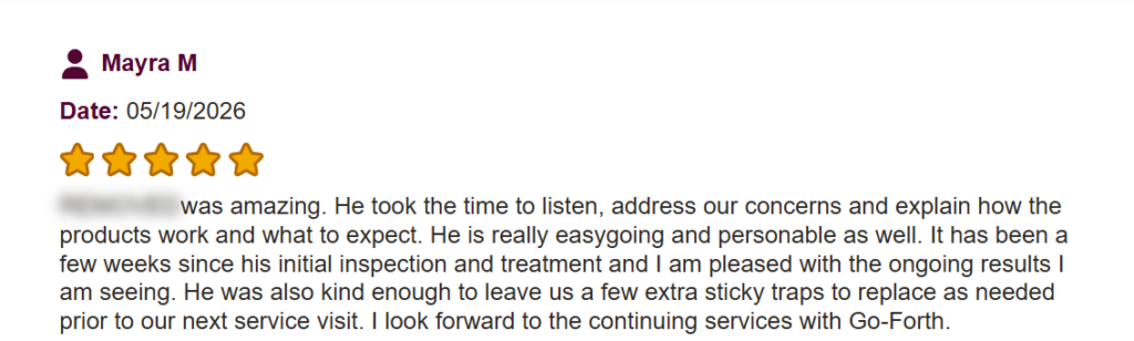 Five-star pest control review praising Go-Forth technician for explaining treatment methods clearly.