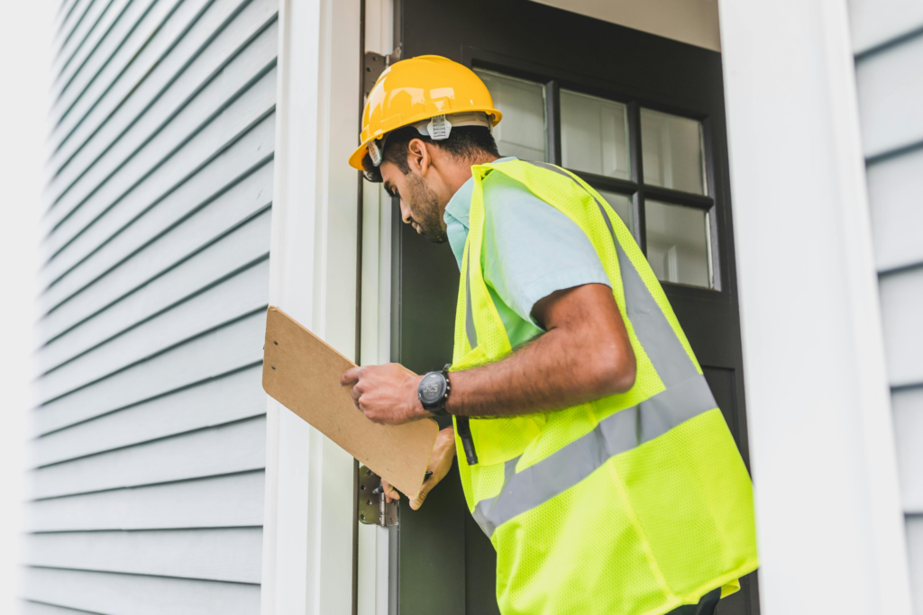 Inspector in a yellow hard hat and reflective vest examining a doorway while holding a clipboard.