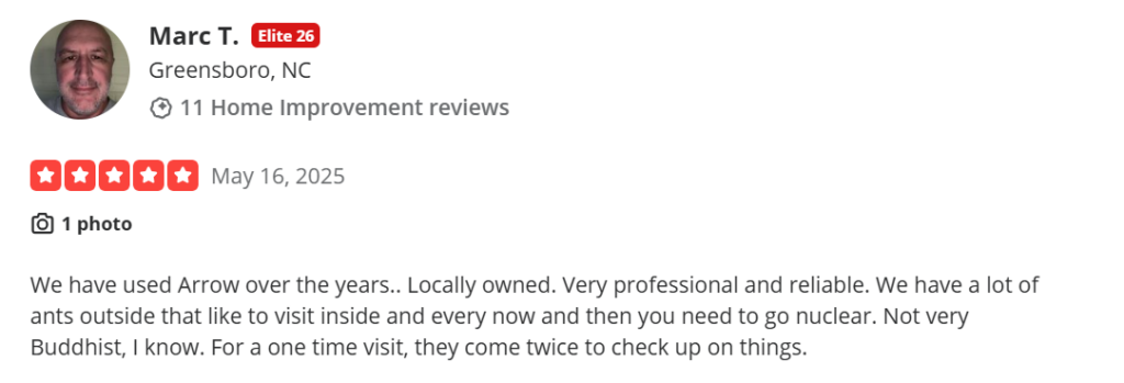 5-star Yelp review praising Arrow Exterminators for their reliability and thorough follow-up visits.