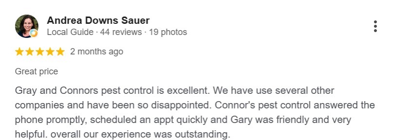 Five-star Google review praising Connor's Pest Pros for prompt scheduling and helpful service.
