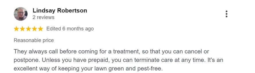 Customer review highlighting Emerald Green’s flexible service terms.