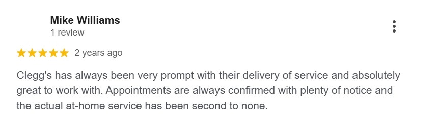 Google review praising Clegg's Pest Control for prompt service delivery.