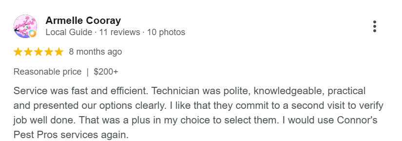 Five-star review praising Connor's Pest Pros for fast service and follow-up verification visits. 