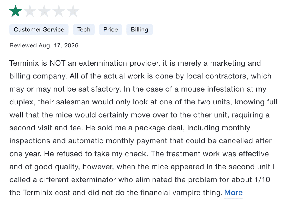 Review highlighting a negative experience with Terminix’s rodent control services