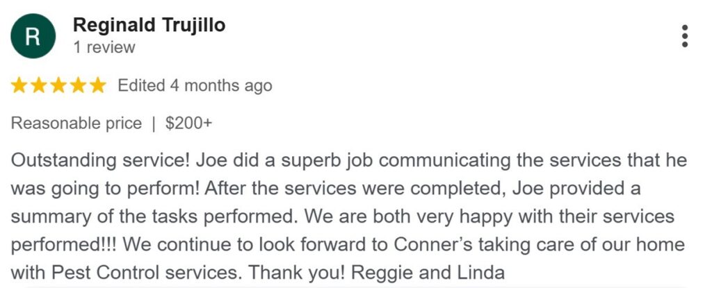 Five-star Google review praising pest control service and communication. 