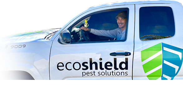 EcoShield service vehicle parked outside a suburban home for eco-friendly pest treatment