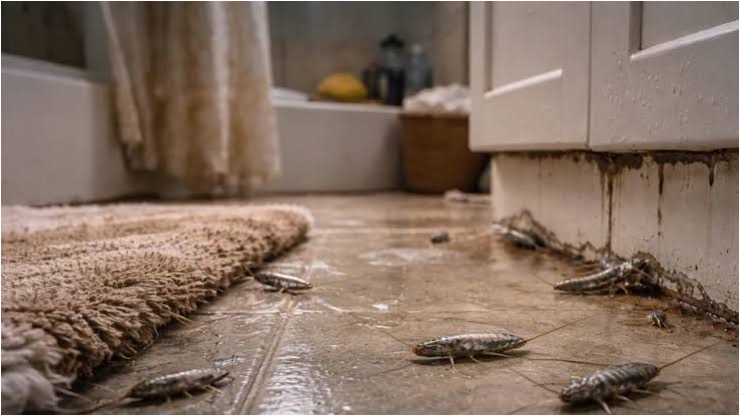 Silverfish crawling across a damp bathroom floor near grimy baseboards, illustrating a household infestation requiring professional treatment.