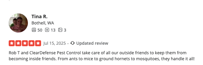 Screenshot of a customer’s review for ClearDefense Pest Control.
