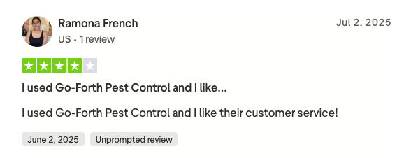 Screenshot of a customer’s review for Go-Forth Pest Control.