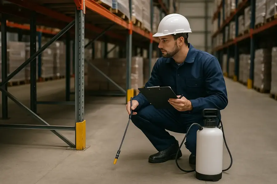 Licensed exterminator in a navy uniform and hard hat crouching to inspect a warehouse floor, sprayer and clipboard in hand.