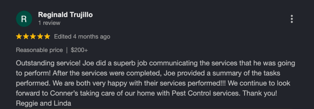 A 5-star review on Connor's Pest Pros.