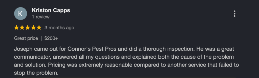 A five-star review on Connor's Pest Pros.