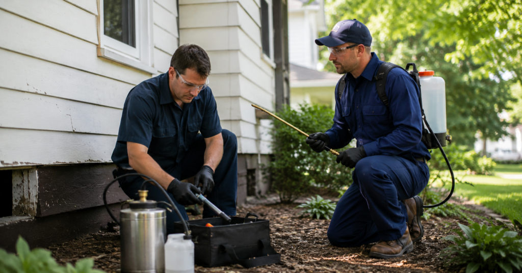 Two expert exterminators getting ready to fumigate a termite-infested house. 