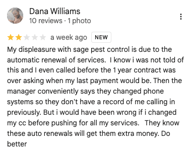 Screenshot of a customer’s 2-star review for Sage Pest Control.