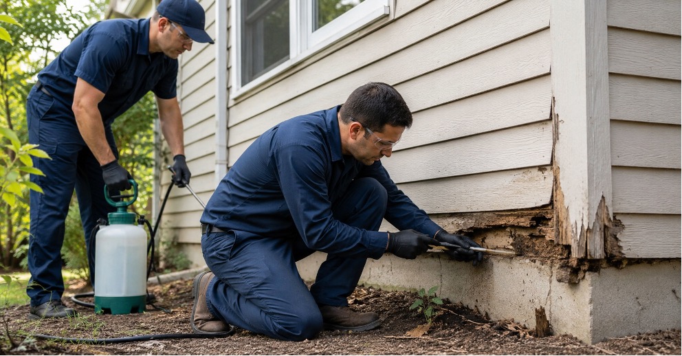 Two exterminators working on a home in Lake Jeanette with a termite problem