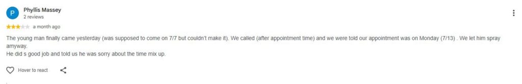 Review noting a scheduling mix-up and a solid ant treatment once the technician arrived.