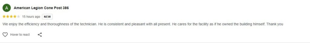 Four-star review praising a pest control technician's efficiency and care.