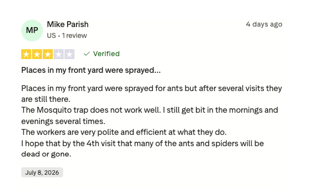 Screenshot of a customer’s 3-star review for Aptive Pest Control on Trustpilot.
