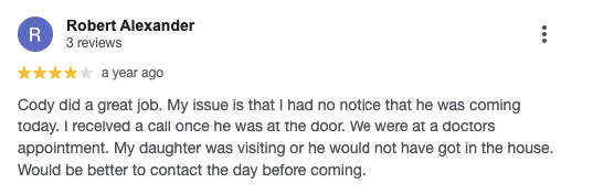 Screenshot of a customer’s 4-star review for Pest Management Systems on Google Reviews