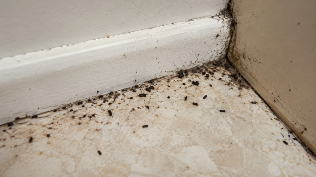 Close-up view of cockroach poop smeared on the wall and floor. 
