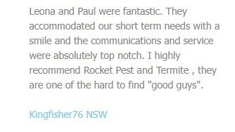 A customer review of Rocket Pest and Termite praises staff Leona and Paul for flexible scheduling and excellent communication.