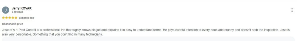 Five-star Google review praising A-1 Pest Control technician Jose for a thorough, unhurried inspection.