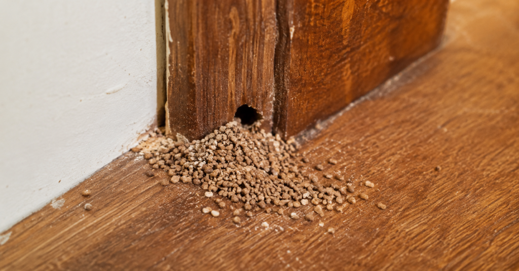 Close-up view of termite frass piled up beneath a kick-out hole