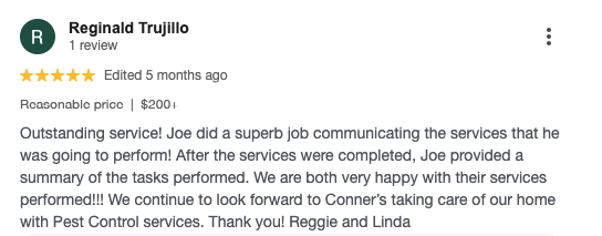 Screenshot of a customer’s 5-star review for Connor’s Pest Pros on Google Reviews. 