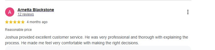 A five-star Google review praises technician Joshua for professional, thorough service.
