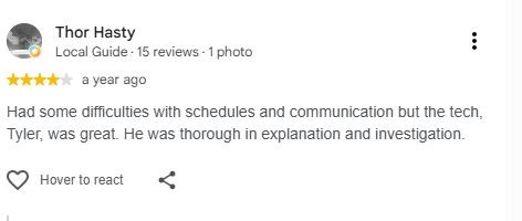 Review noting scheduling difficulties but a thorough, clear rodent inspection by the technician.