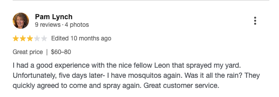 Screenshot of a customer’s 3-star review for Mosquito Squad of the Triad on Google Reviews. 