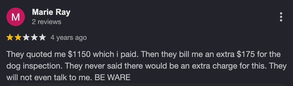 Review highlighting an undisclosed hidden charge on top of the original quote
