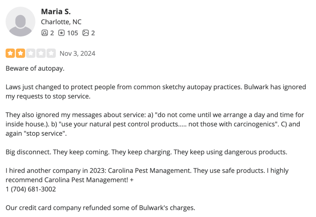 Review highlighting continuous service and billing issues despite how the customer expressed the desire to halt services